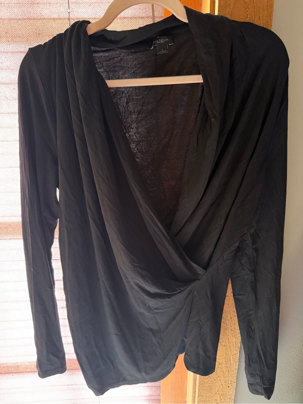 Ann Taylor Factory Black Draped Wrap Long Sleeve Tee